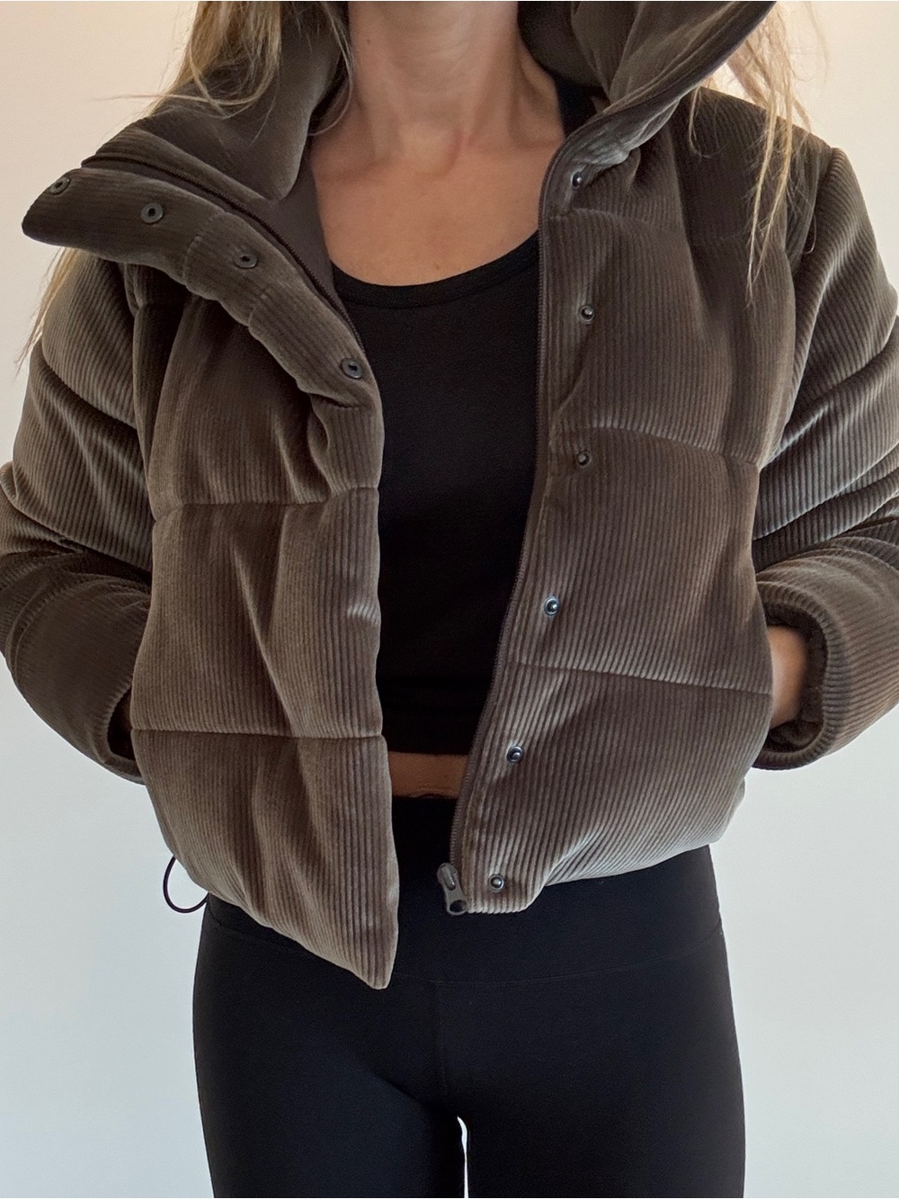 Corduroy Puffer Jacket in Olive Brown - Women's Cropped Coat